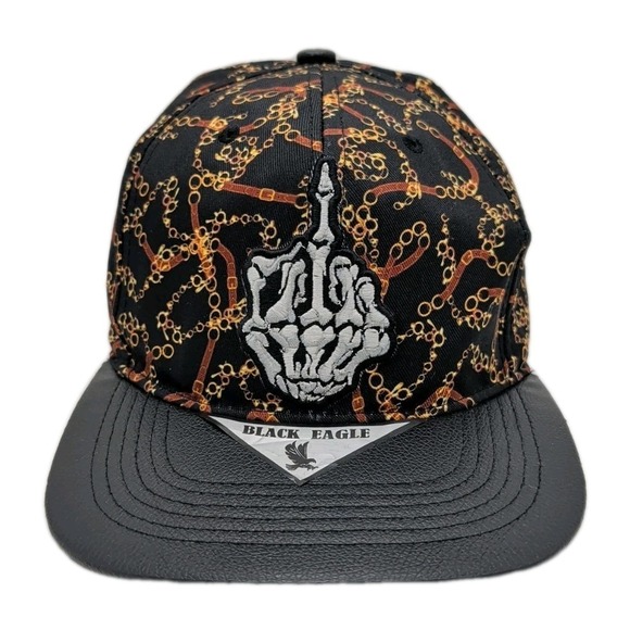 Black Eagle Other - Skeleton Middle Finger Embroidered Hat Chain-Link & Black Flat Bill Snapback Cap